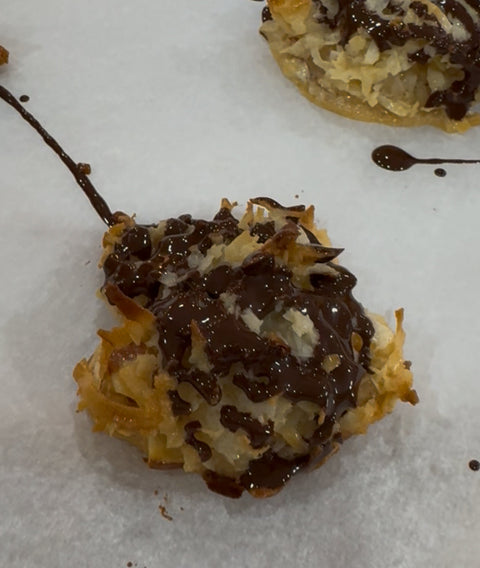 Caramel Macaroons dipped and drizzled with Dark Chocolate